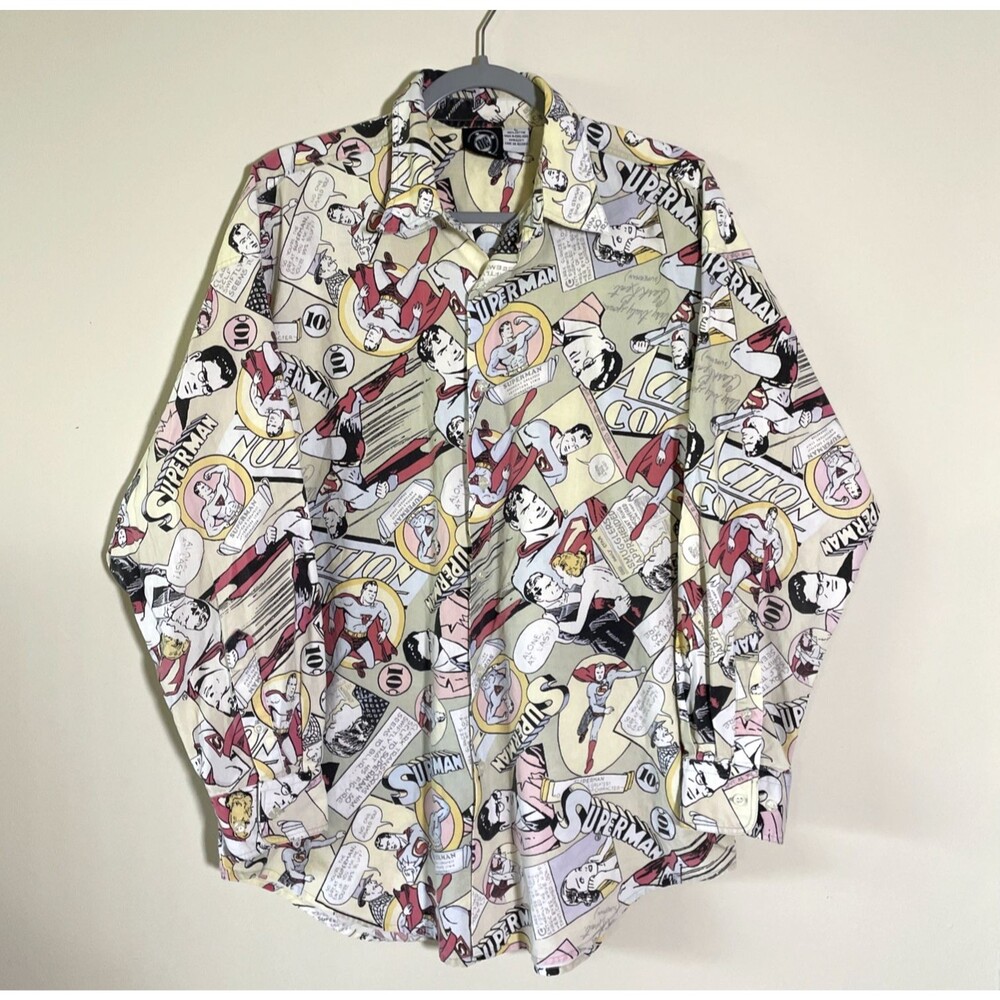 DC Superman Men's Multicolor Long Sleeve Button Front Shirt Sz Large 90’s VTG